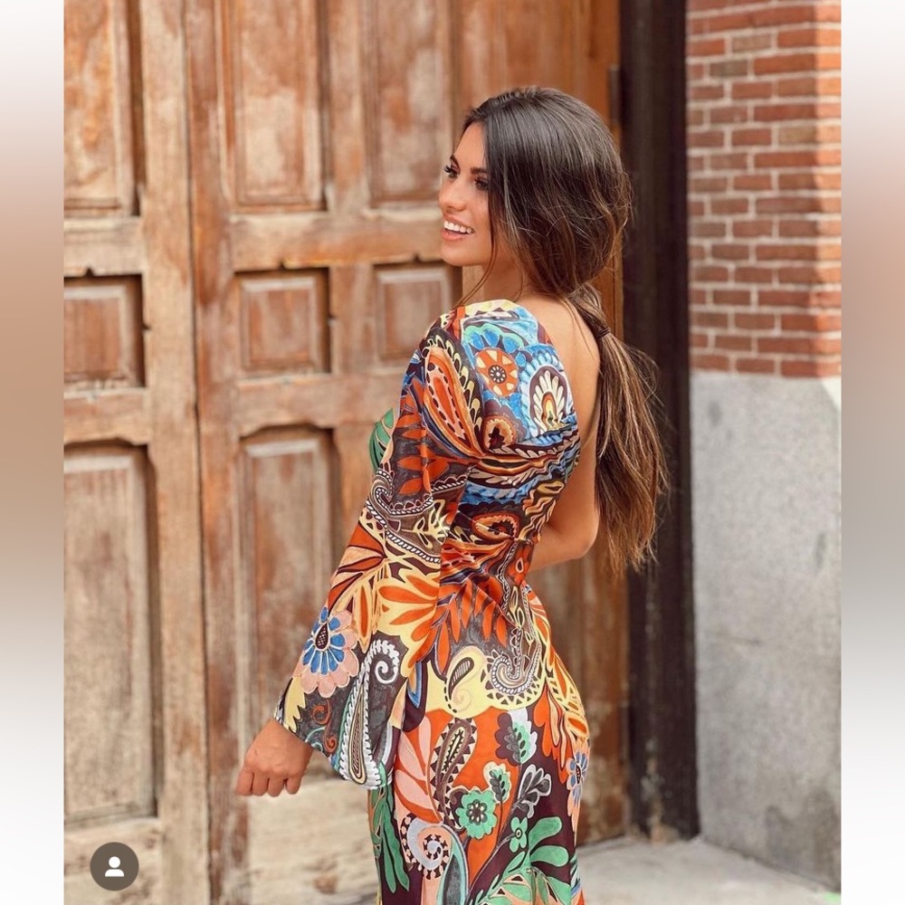 NWT ZARA Asymmetric Sleeve Side Slit Tropical Print Dress Blogger Favorite Small - Picture 3 of 10